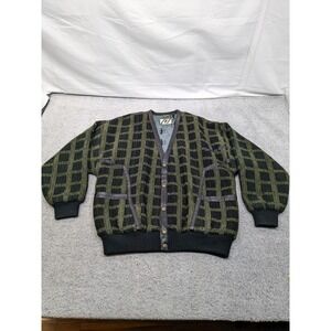 Trutus Biancarra Cardigan Sweater Jacket Leather Trim Green & Black Snap Large